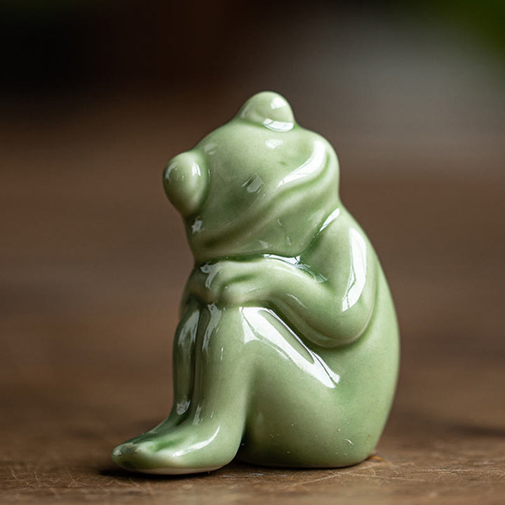 Buddha Stones Mini Petite Méditation Lotus Repos Grenouille Céramique Richesse Chance Maison Thé Animal Figurine Décoration