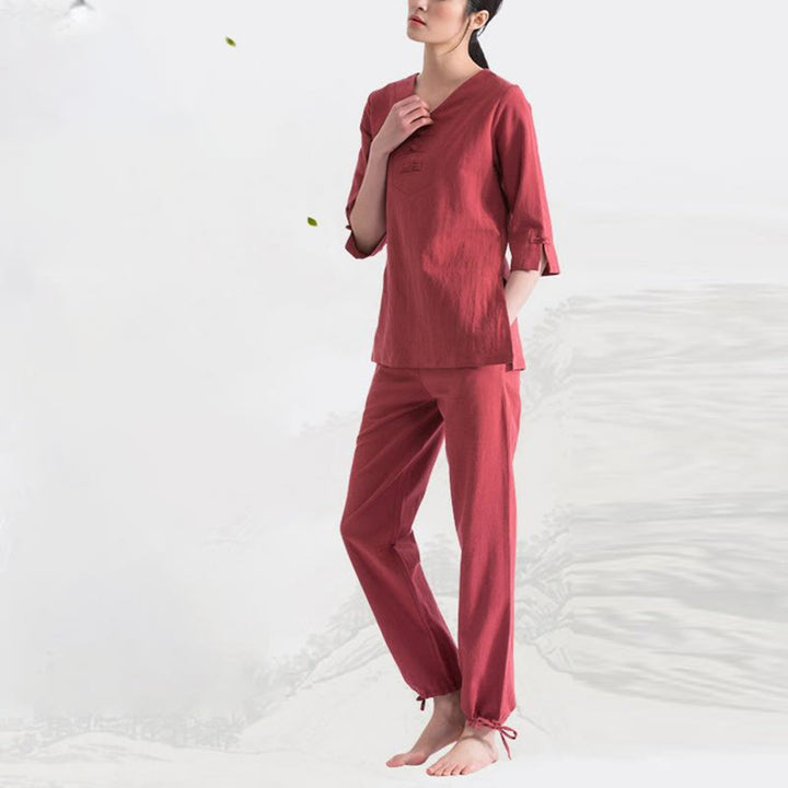 Ensemble de vêtements en coton et lin Buddha Stones , yoga, méditation, prière, col en V, pratique zen, pour femmes