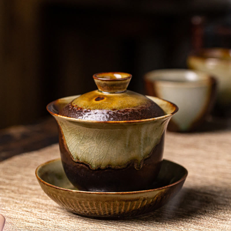 Buddha Stones Vintage Brown Kiln Change Design Porcelaine Céramique Gaiwan Sancai Tasse À Thé Kung Fu Tasse À Thé Et Soucoupe Avec Couvercle