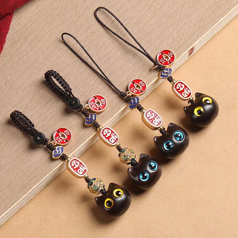 Porte-clés en bois d'ébène avec Buddha Stones, chat porte-bonheur, nuage de bon augure, paix, décoration à suspendre pour téléphone - image 2