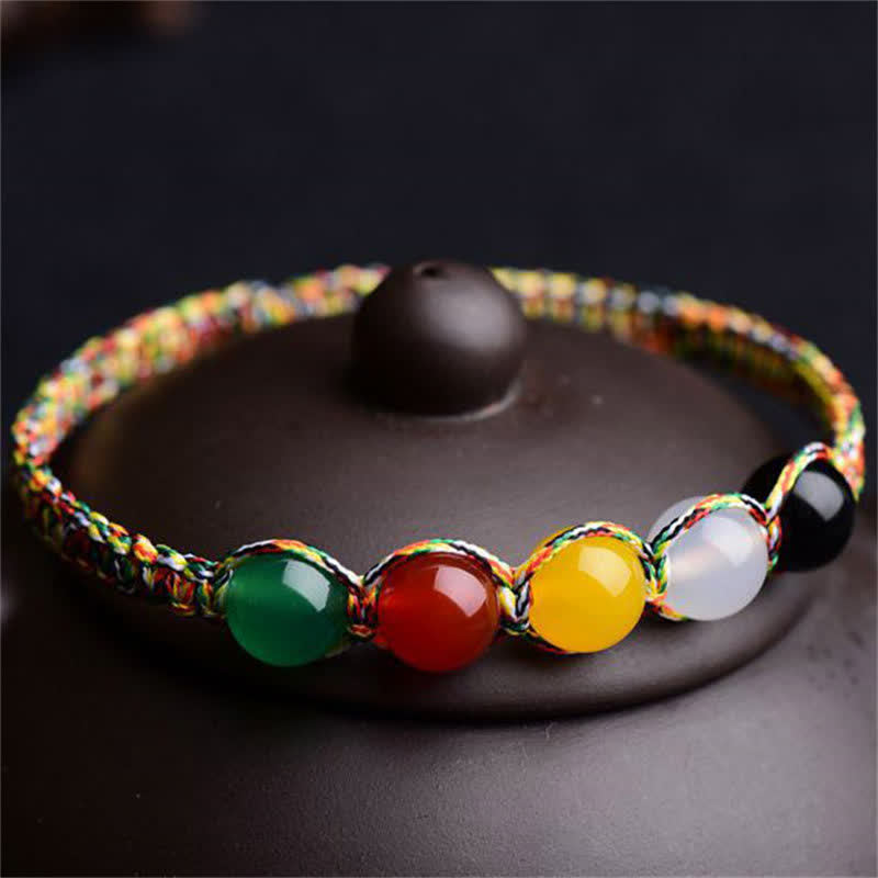 Bracelet en fil d'agate colorée, métal, bois, eau, feu, terre, cinq éléments