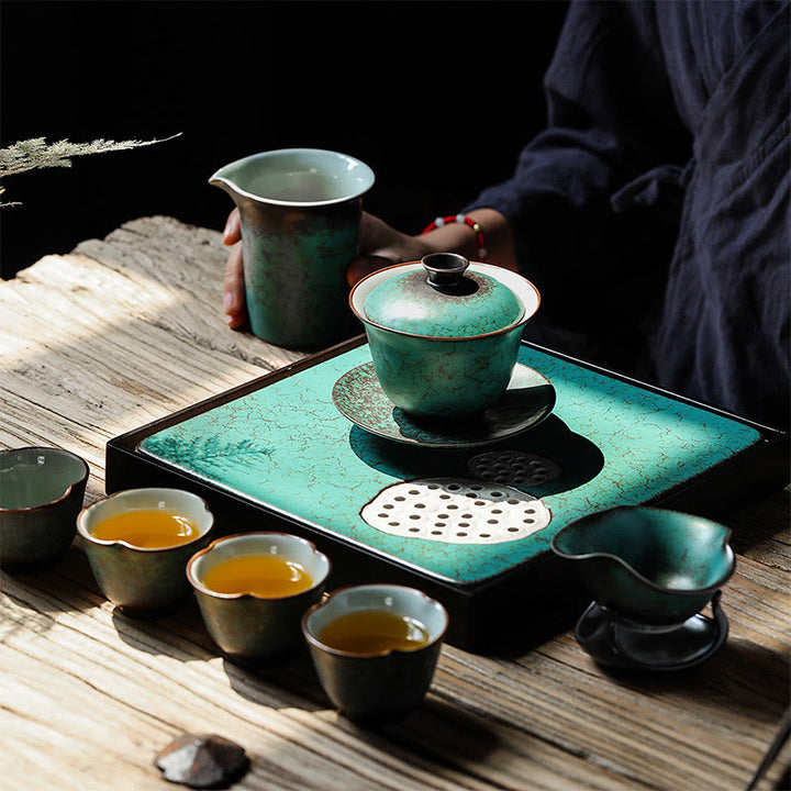 Tasse à thé et soucoupe en céramique émaillée verte rétro Buddha Stones Gaiwan Sancai Tasse à thé Kung Fu et soucoupe avec couvercle