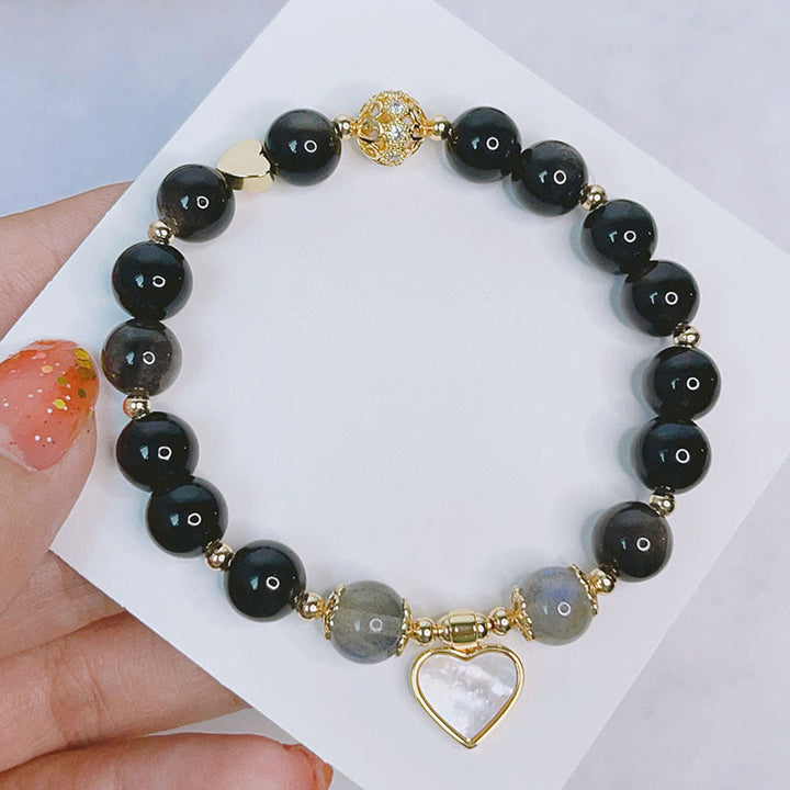 Bracelet de protection en obsidienne naturelle argentée avec Buddha Stones , cœur, étoile, fleur