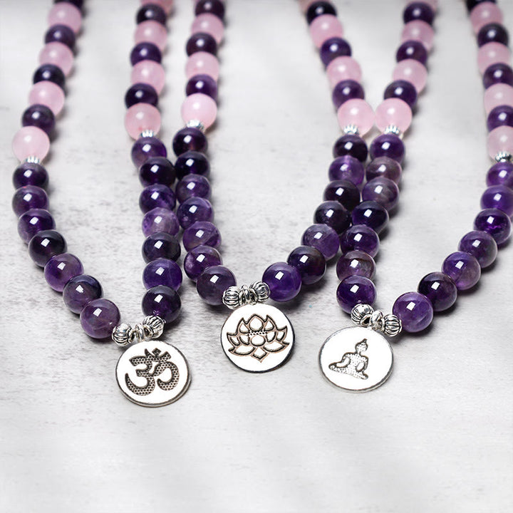 Bracelet Mala en perles de quartz rose et améthyste naturelles avec pendentif lotus Buddha Stones