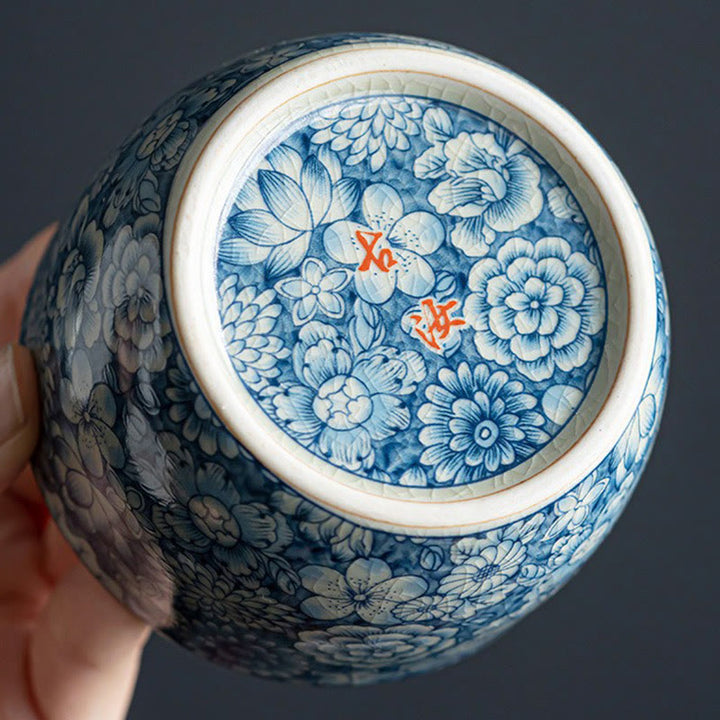 Tasse à thé en céramique motif Buddha Stones Lotus bleu Fleur de pêcher Chrysanthème Tasses à thé Kung Fu