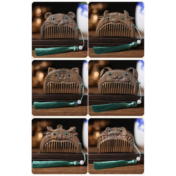 Mini peigne portable en bois de santal vert avec symbole du zodiaque chinois