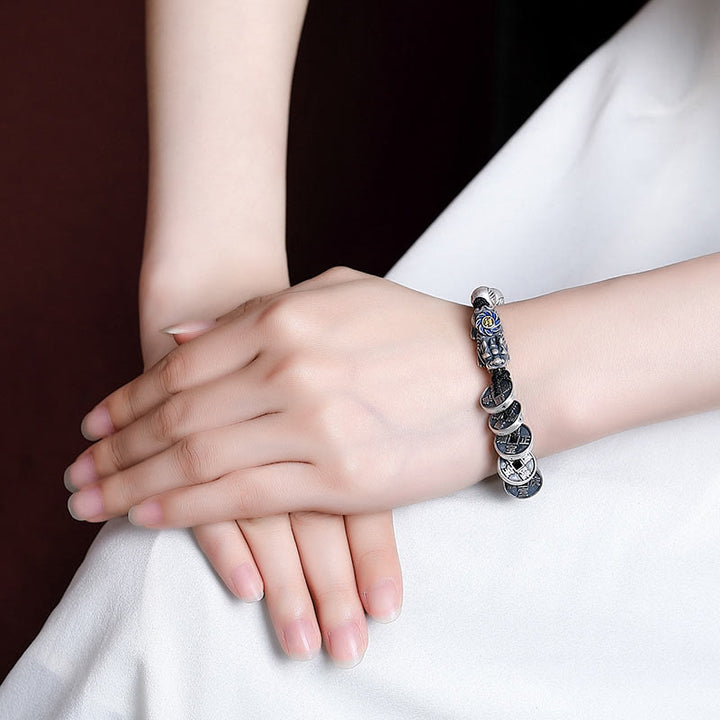 Bracelet tressé en argent sterling 999 Buddha Stones FengShui PiXiu et pièce de cuivre Fu Character Wealth