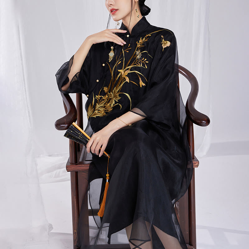 Robe qipao vintage en soie de Buddha Stones 100 % 6 momme avec broderie de fleurs et de papillons pour femme