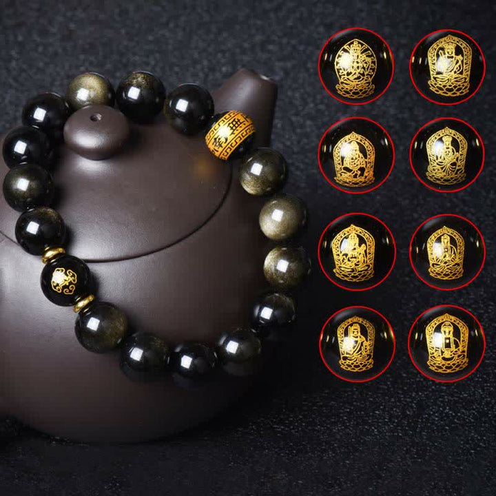 Bracelet de protection de richesse en obsidienne dorée avec Bouddha du zodiaque chinois