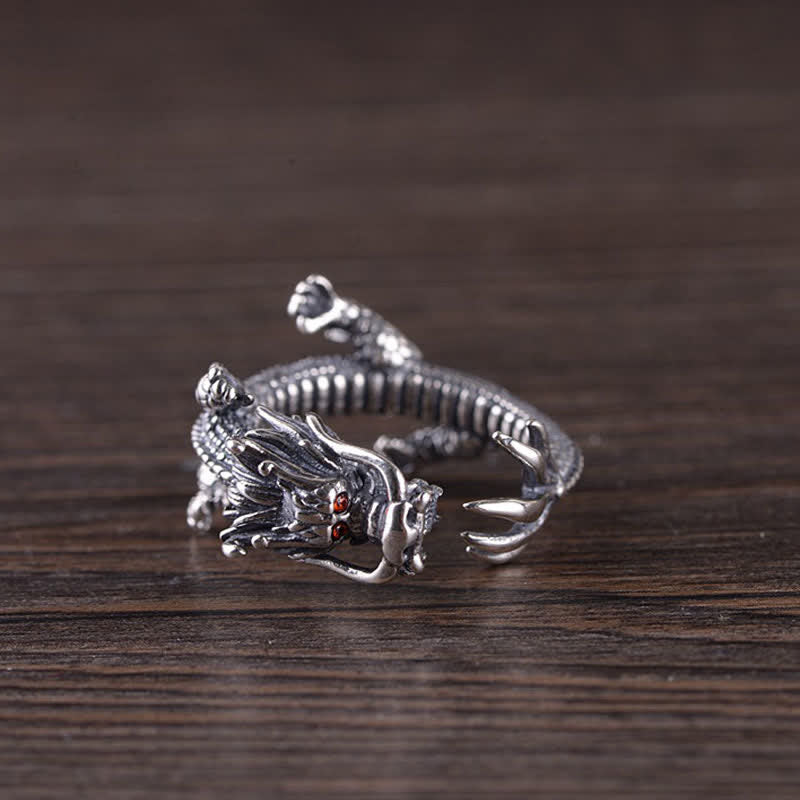 Bague de protection porte-bonheur en argent sterling 925 Buddha Stones et dragon