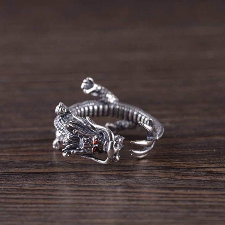 Bague de protection porte-bonheur en argent sterling 925 Buddha Stones et dragon