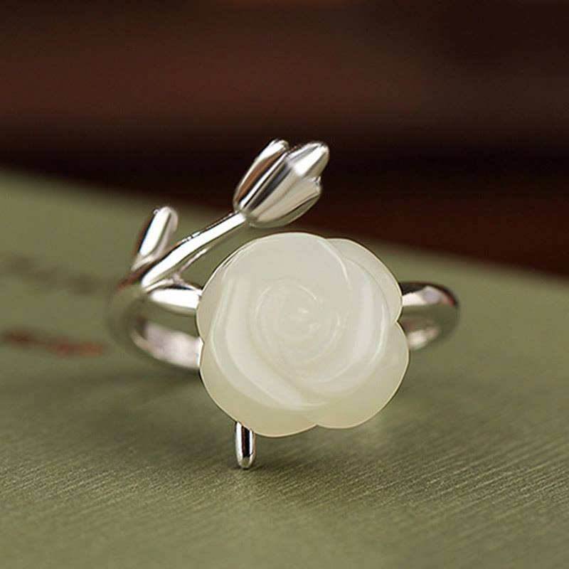 Buddha Stones 925 Argent Sterling Plaqué Or Fleur de Rose Hetian Jade Blanc Bague du Bonheur
