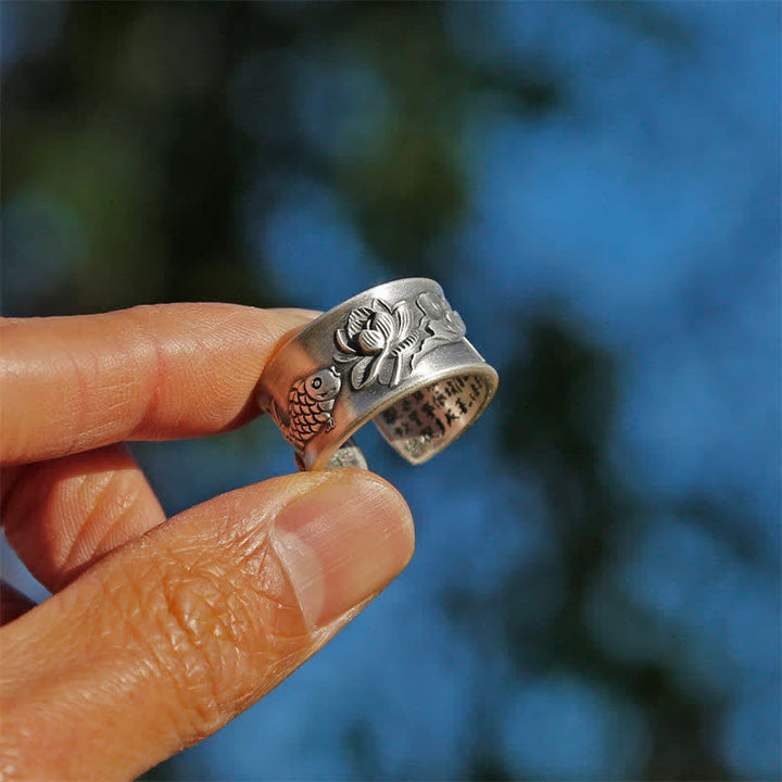 Bague porte-bonheur en argent sterling 999 Buddha Stones et poisson Koi, lotus, cœur, Sutra de la richesse
