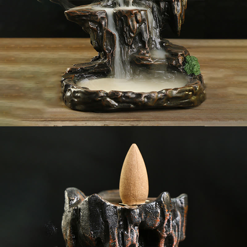 Brûleur d'encens à refoulement en cascade Buddha Stones et porte-encens en forme de tour de montagne