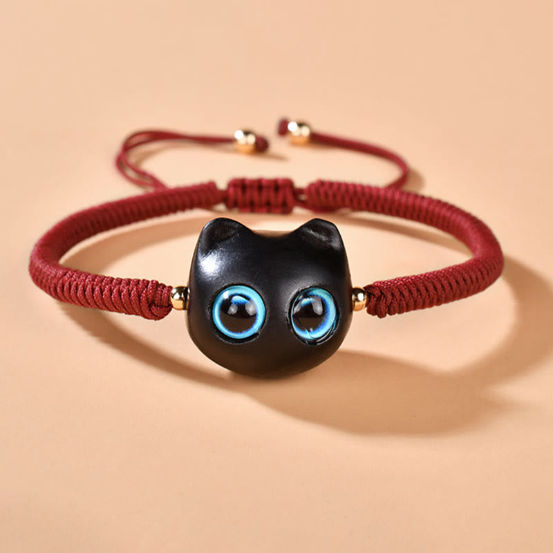Bracelet tressé en bois d'ébène avec tête de chat et Buddha Stones - image 4