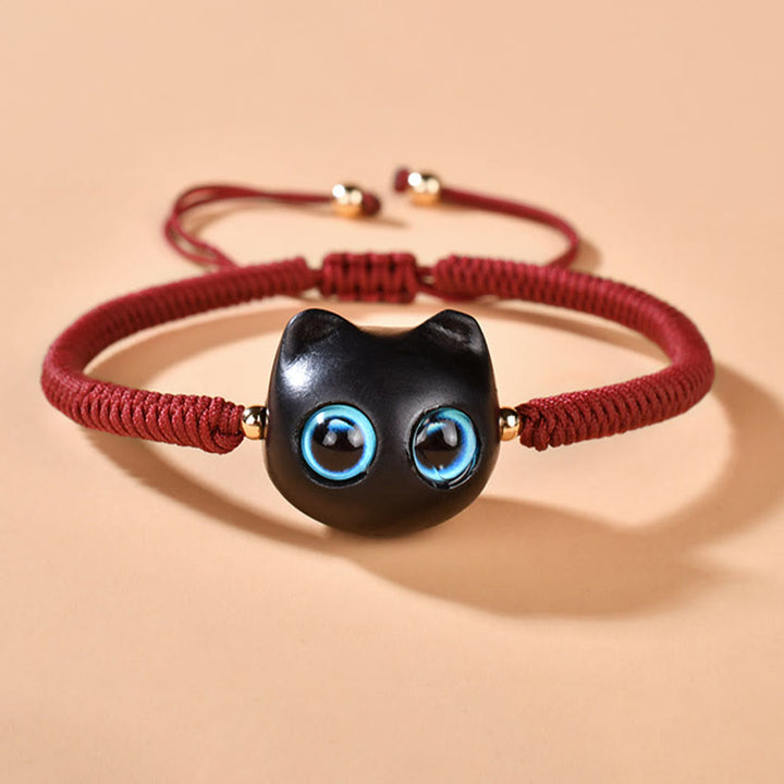 Bracelet tressé en bois d'ébène avec tête de chat et Buddha Stones - image 4