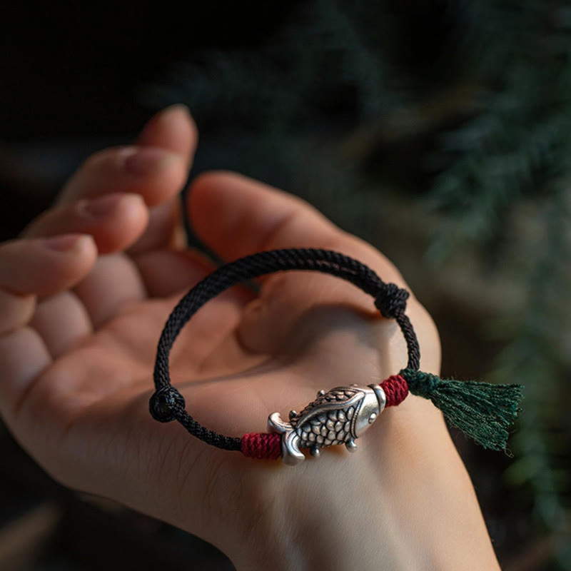 Bracelet tressé en argent sterling 925 Buddha Stones et poisson Koi porte-bonheur