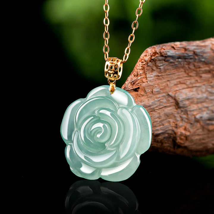 Collier pendentif porte-bonheur en jade naturel rose en argent sterling 925 et or 18 carats avec pierres de Buddha Stones