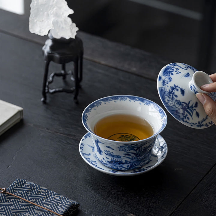 Buddha Stones Porcelaine Bleue et Blanche Lotus Koi Poisson Danse du Lion Pastèque Céramique Gaiwan Sancai Tasse à Thé Kung Fu Tasse à Thé Et Soucoupe Avec Couvercle 300 ml