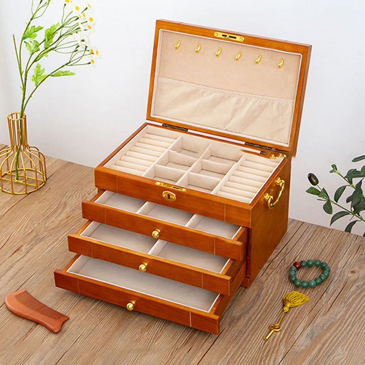 Coffret à bijoux rétro en bois massif Buddha Stones Coffret de rangement à bijoux en bois à quatre niveaux