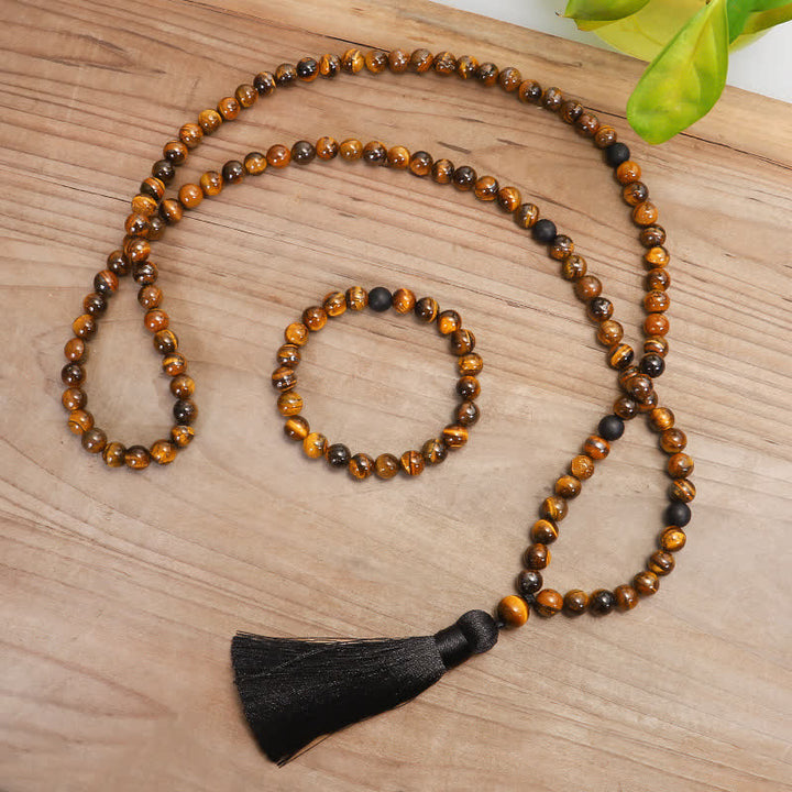 Bracelet Mala 108 Buddha Stones avec pompon de protection en œil de tigre