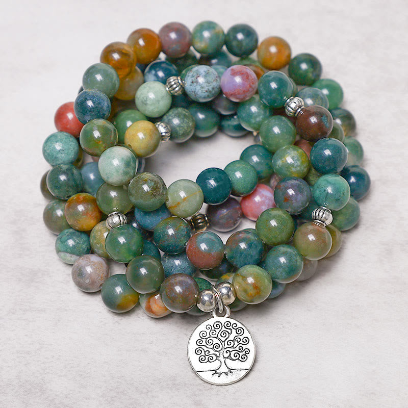 Bracelet Mala 108 Buddha Stones en agate indienne avec lotus OM Bouddha Arbre de vie et calme positif