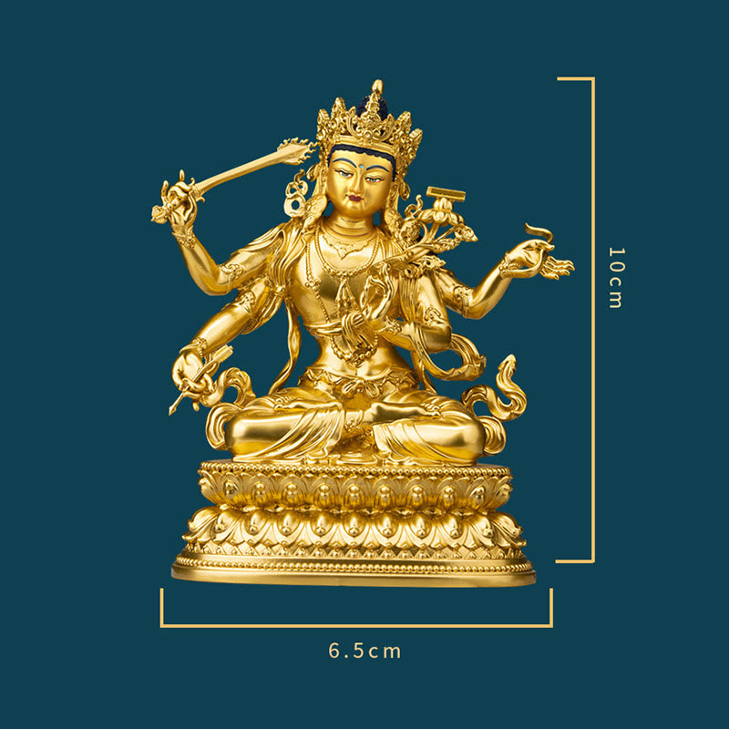 Figurine en or du Bodhisattva Manjusri à quatre bras, statue en cuivre de la compassion et de la sérénité, décoration de la maison