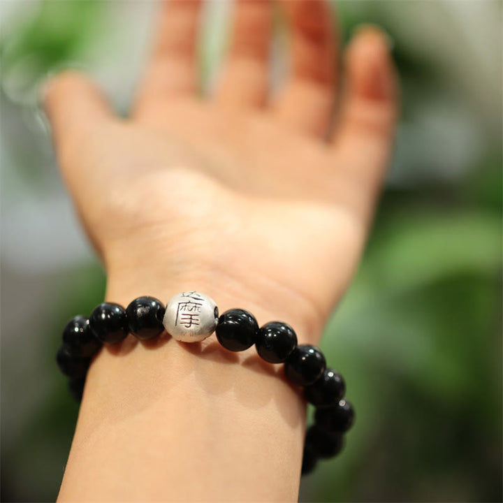 Bracelet de protection gravé en argent sterling 925 avec perles d'onyx noir et Buddha Stones