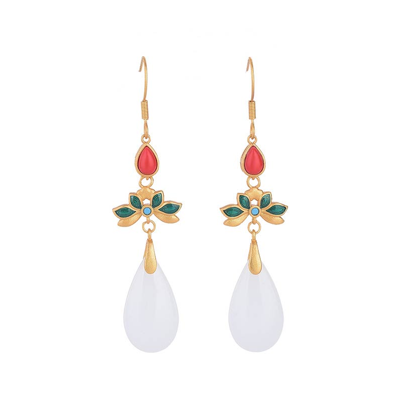 Boucles d'oreilles pendantes porte-bonheur en jade blanc Feng Shui Buddha Stones