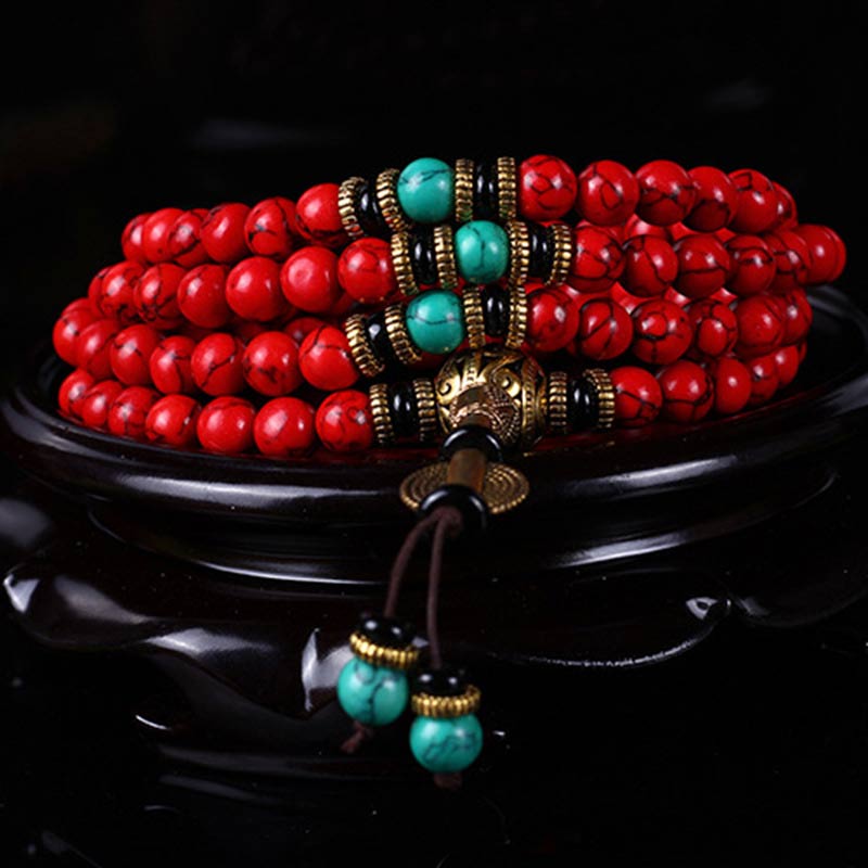 Collier et bracelet porte-bonheur Buddha Stones Mala rouge turquoise