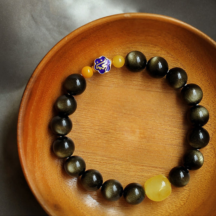 Bracelet de protection de richesse en obsidienne et ambre en argent sterling 925 avec Buddha Stones et zodiaque chinois
