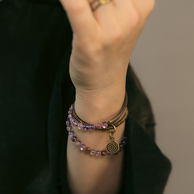 Bracelet en cuivre Love Forgive Buddha Stones quartz hématoïde rouge fantôme violet et quartz rutile vert