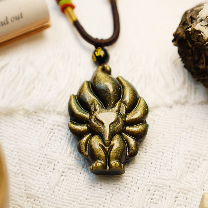 Collier pendentif positif en obsidienne arc-en-ciel naturelle Buddha Stones et obsidienne dorée brillante à neuf queues