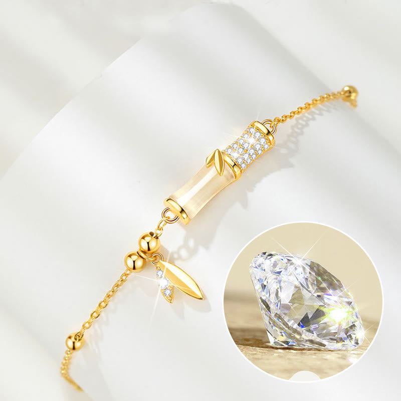 Bracelet porte - bonheur en argent sterling 925 plaqué or 18 carats avec jade blanc et bambou et zircon