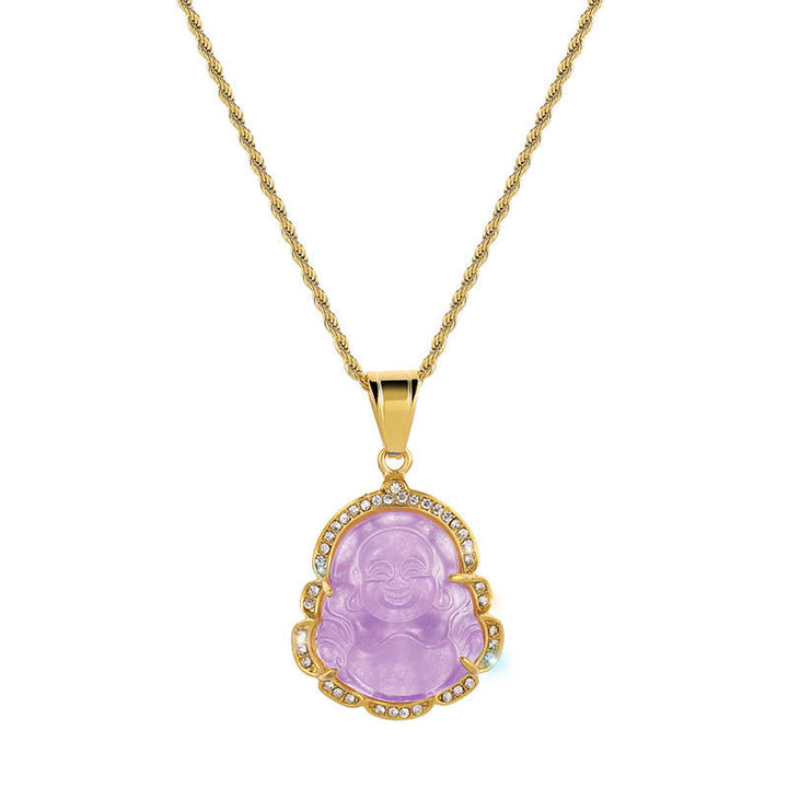 Collier avec pendentif porte-bonheur en jade Bouddha rieur rempli d'or 18 carats de Buddha Stones - Violet clair - image 14