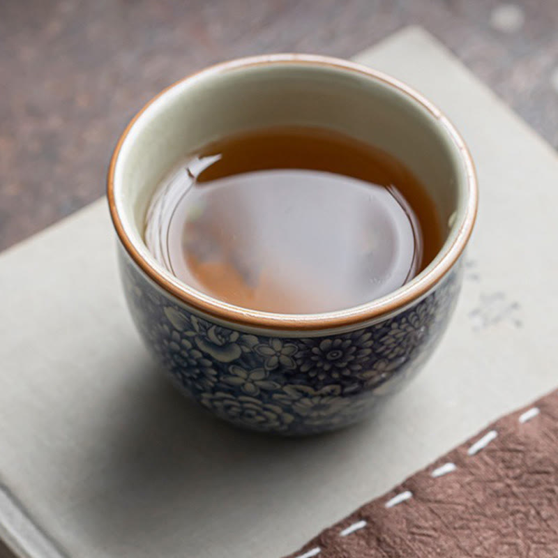 Tasse à thé en céramique motif Buddha Stones Lotus bleu Fleur de pêcher Chrysanthème Tasses à thé Kung Fu
