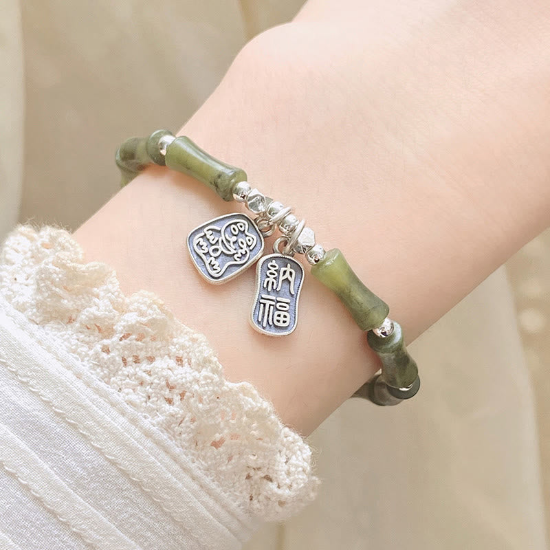 Bracelet en argent sterling 925 Buddha Stones et jade en bambou, chat porte-bonheur, personnage Fu, chance et abondance - image 9