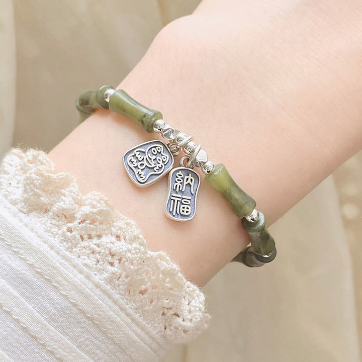 Bracelet en argent sterling 925 Buddha Stones et jade en bambou, chat porte-bonheur, personnage Fu, chance et abondance - image 9