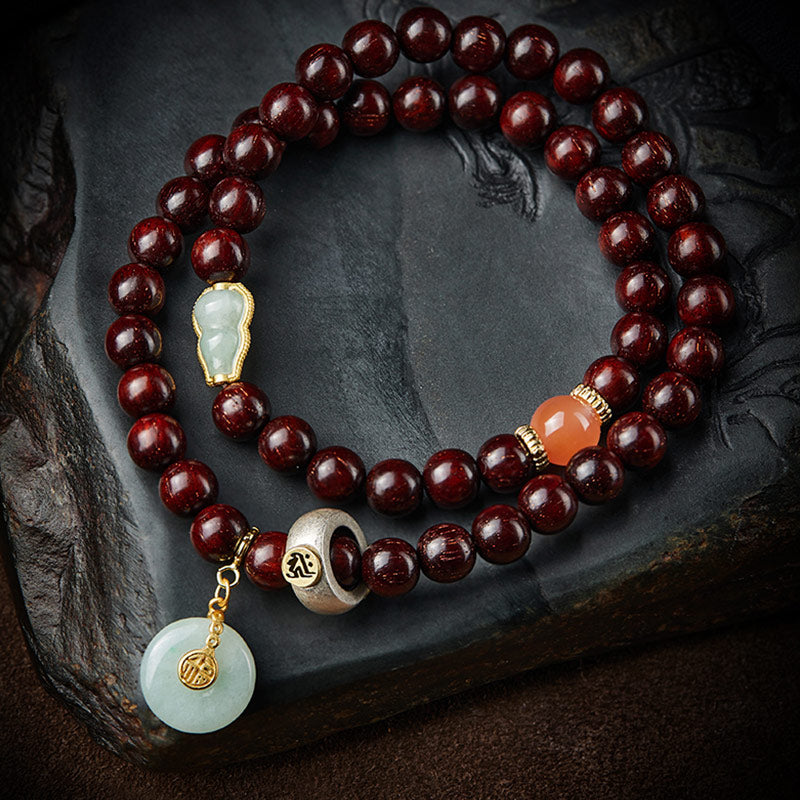 Buddha Stones Zodiaque chinois Bouddha natal Petite feuille Bois de santal rouge Jade Agate rouge Bracelet apaisant PiXiu