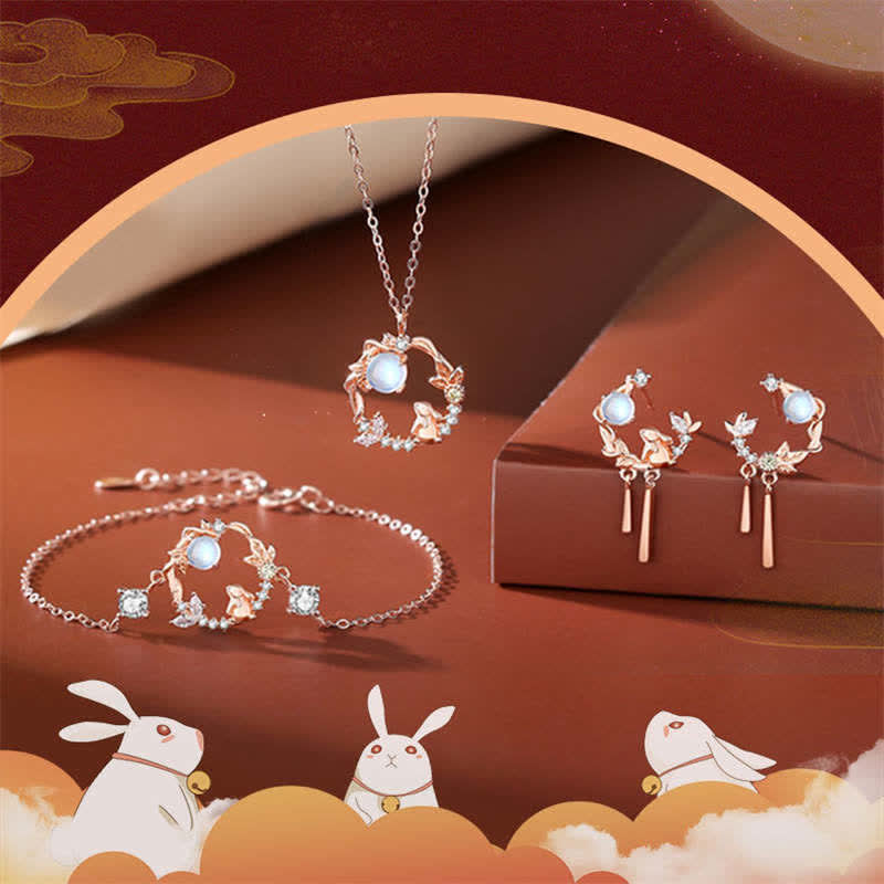 Collier pendentif bracelet boucles d'oreilles en argent sterling 925 avec motif fleur de lune et pierre de lune Année du lapin - image 10