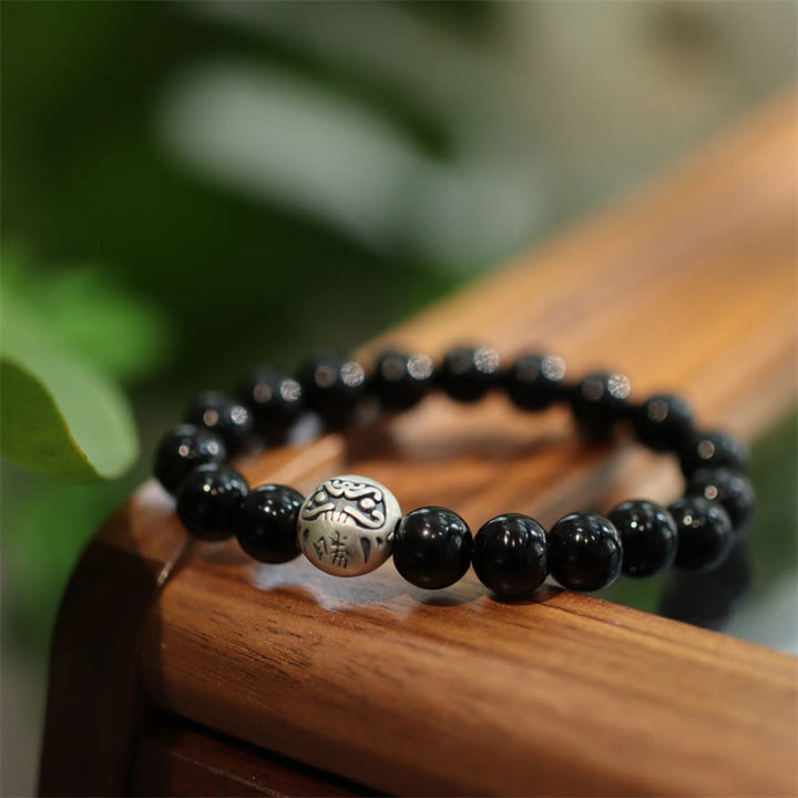 Bracelet de protection gravé en argent sterling 925 avec perles d'onyx noir et Buddha Stones