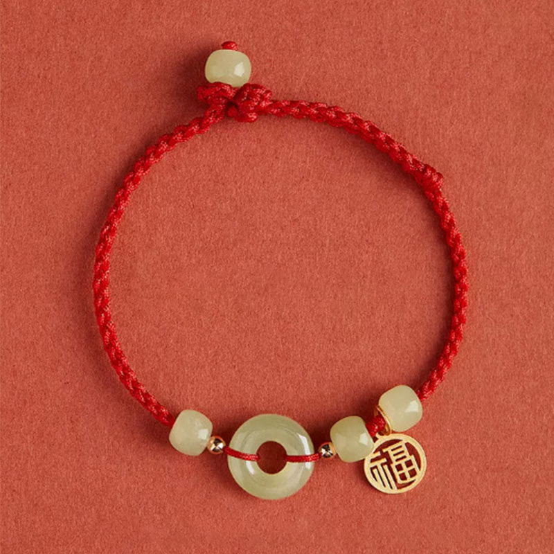 Bracelet en corde avec boucle ronde en Buddha Stones et lotus de jade pour la paix, le bonheur, l'abondance et la richesse