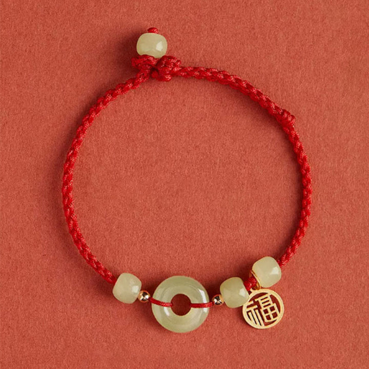 Bracelet en corde avec boucle ronde en Buddha Stones et lotus de jade pour la paix, le bonheur, l'abondance et la richesse