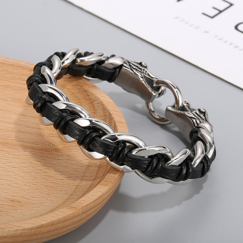 Bracelet tressé en cuir de dragon et acier titane pour protection et chance