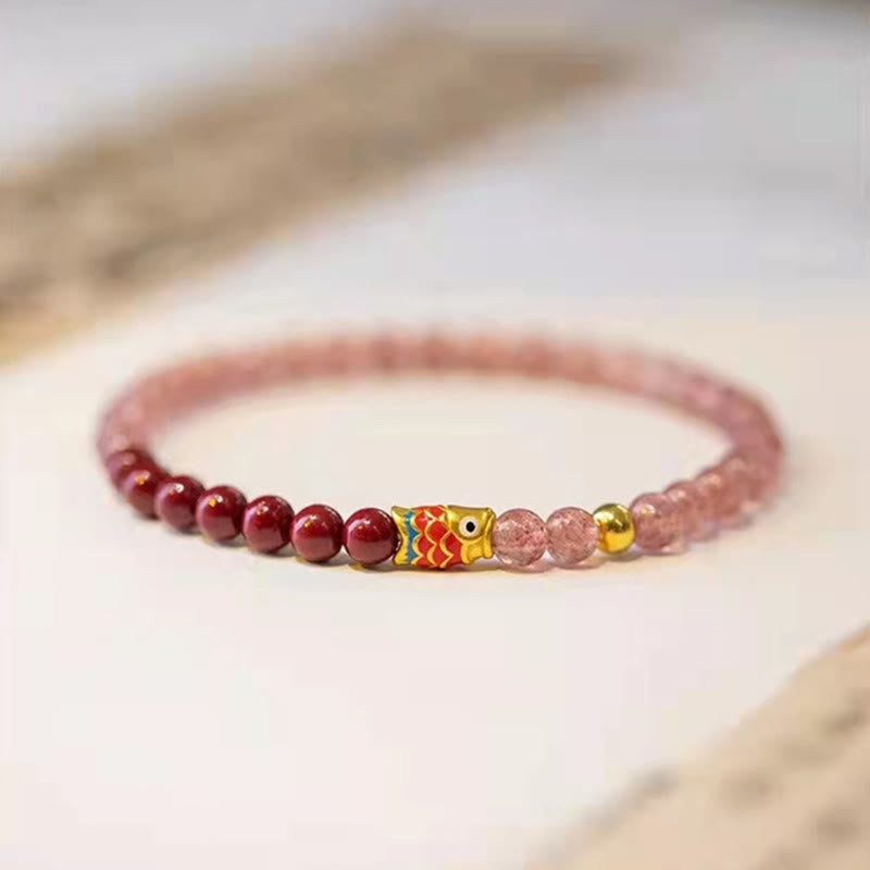 Bracelet de guérison porte-bonheur en quartz fraise et cinabre en Buddha Stones