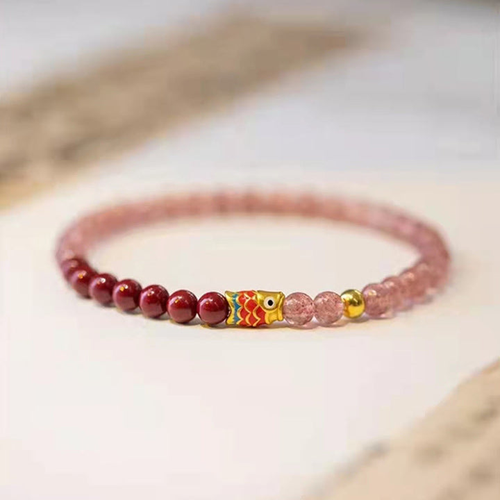Bracelet de guérison porte-bonheur en quartz fraise et cinabre en Buddha Stones
