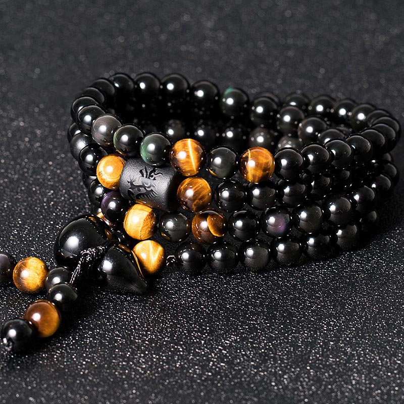 Bracelet Mala en obsidienne noire naturelle avec Buddha Stones et gourde arc-en-ciel