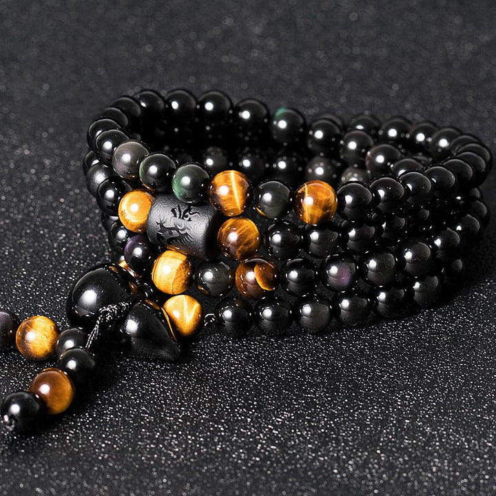 Bracelet Mala en obsidienne noire naturelle avec Buddha Stones et gourde arc-en-ciel
