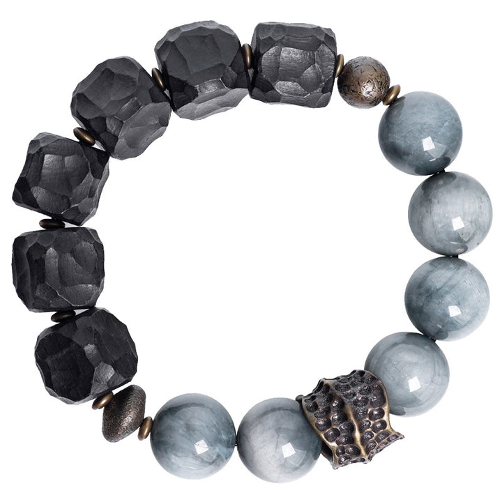 Bracelet de couple en cuivre et bois d'ébène avec pierre œil d'aigle et Buddha Stones