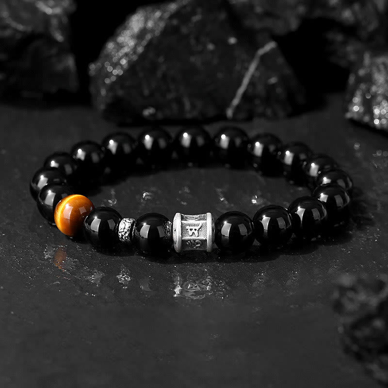 Bracelet Buddha Stones en argent sterling 999, obsidienne noire, œil de tigre, Om Mani Padme Hum - Obsidienne noire (tour de poignet 18-20 cm) - image 0